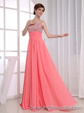 Beading Empire Straps Watermelon Chiffon Floor-length Prom Dress