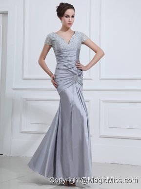 Beading V-neck Mermaid Taffeta Ankle-length Prom Dress Grey