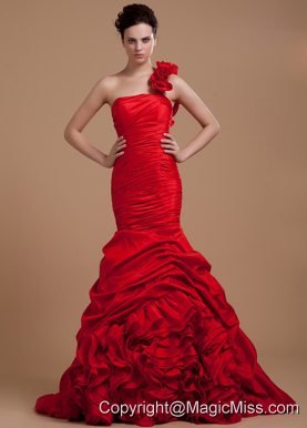 Wine Red Prom Dress With One Shoulder Hand Made Flowers and Ruffled Layers Mermaid Brush Train