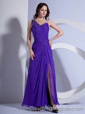 One Shoulder and Beading Ruch For Purple Prom Dress