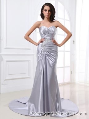 Silver Custom Made Prom Dress With Ruched Bodice Beading and Satin
