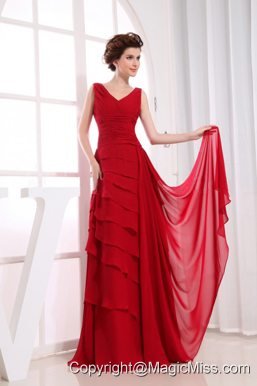 Ruffled Layers Wine Red Chiffon V-neck 2013 Prom Dress Floor-length