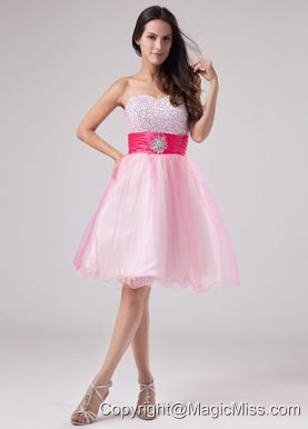 Beading Prom Dress Strapless Organza Mini-length A-Line Pink