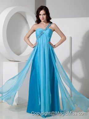 Baby Blue Empire One Shoulder Floor-length Chiffon Beading Prom Dress