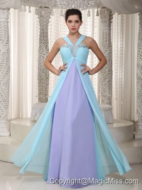 Aqua Blue and Lavender Empire Straps Floor-length Chiffon Beading Prom Dress
