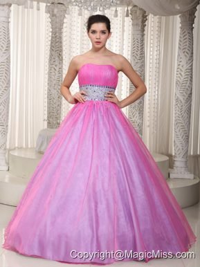 Hot Pink A-Line / Princess Strapless Floor-length Organza Beading Prom Dress