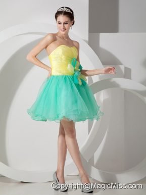 Apple Green and Yellow A-line Sweetheart Mini-length Organza Hand Made Flowers Prom Dress