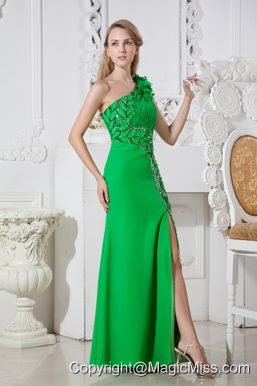 Green One Shoulder Hand Made Flowers Cut Out Prom Dress Floor-length Elastic Wove Satin
