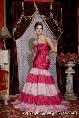 Hot Pink Mermaid Strapless Brush Train Taffeta Sequins Prom / Evening Dress