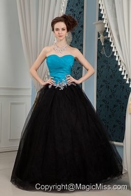 Inexpensive Blue and Black Prom Dress A-line Sweetheart Beading Floor-length Organza and Tulle