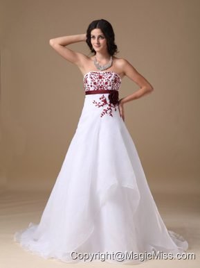 White A-line Strapless Court Train Organza Beading Prom Dress