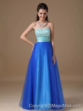 Blue A-line Strapless Floor-length Taffeta and Tulle Beading Prom Dress