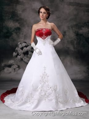 New A-line Strapless Court Train Satin Embroidery Wedding Dress
