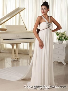 Beaded Decorate Straps Watteau Train White Beading Beautiful Wedding Dress Bowknot