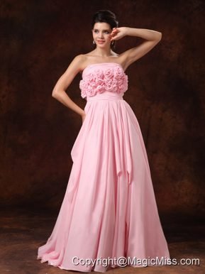 Handle-Made Flower Strapless Pink Empire Chiffon Court Train Wedding Dress