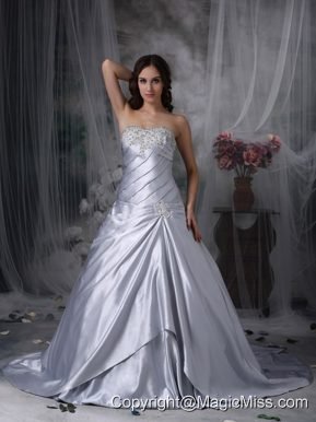 Silver A-line Sweetheart Court TrainTaffeta Beading and Ruch Wedding Dress