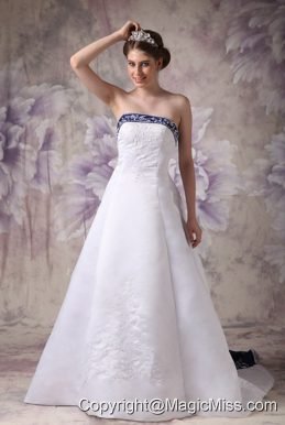 Beautiful A-line Strapless Chapel Train Satin Embroidery Wedding Dress
