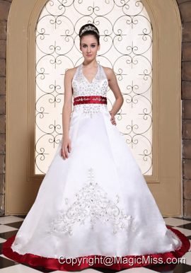 Halter Modest Wedding Dress in United States Online Beautiful Embroidery On Satin