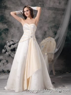 White and Champagne A-line Sweetheart Brush Train Satin Beading Wedding Dress