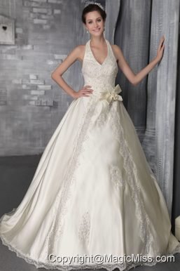Fashionable A-Line/Princess Halter Brush/Sweep Satin Lace and Beading Wedding Dress