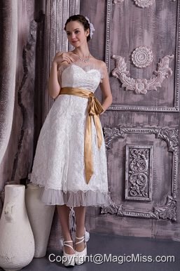 Custom Made Column / Sheath Sweetheart Tea-length Lace and Organza Beading Wedding Dress