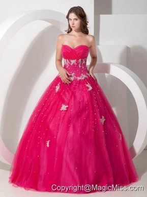 Coral Red Ball Gown Sweetheart Floor-length Tulle Appliques and Beading Quinceanera Dress