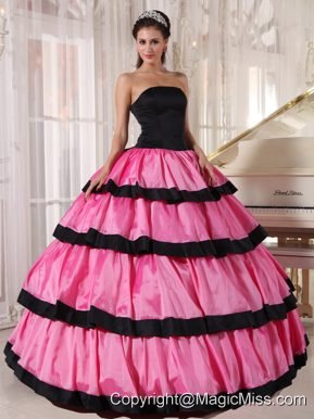 Rose Pink and Black Ball Gown Strapless Floor-length Taffeta Quinceanera Dress