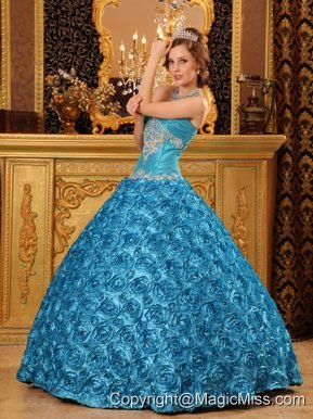 Teal Ball Gown Sweetheart Floor-length Fabric With Rolling Flowers Appliques Quinceanera Dress