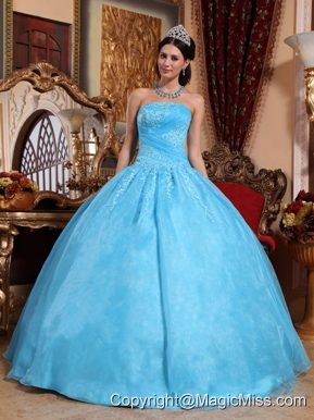 Aqua Blue Ball Gown Strapless Floor-length Organza Appliques Quinceanera Dress