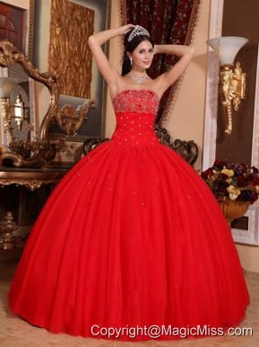Red Ball Gown Strapless Floor-length Tulle Beading Quinceanera Dress
