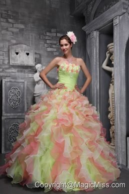 Lovely Ball Gown Strapless Floor-length Taffeta and Organza Hand Flowers Multi-color Quinceanera Dress