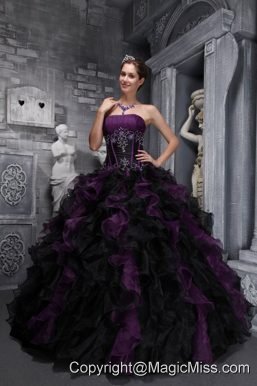 Exclusive Ball Gown Strapless Floor-length Taffeta and Organza Appliques and Ruffles Drak Purple and Black Quinceanera Dress