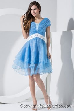 Baby Blue Prom Dress With Embroidery and Ruching V-neck Knee-length Short Sleeves