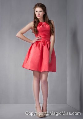 Rust Red A-line Scoop Mini-length Taffeta Ruch Prom Dress