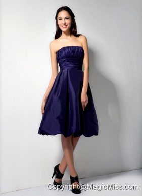 Purple A-line Strapless Knee-legnth Taffeta Ruch Bridesmaid Dress