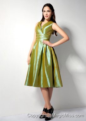 Olive Green A-line V-neck Tea-length Ruch Taffeta Prom Dress