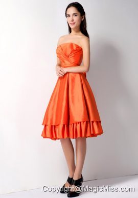 Orange A-line Strapless Knee-length Taffeta Ruch Prom Dress