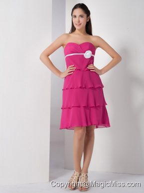 Hot Pink Empire Sweetheart Knee-length Chiffon Hand Made Flower Prom Dress