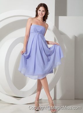 Lilac Empire Strapless Tea-length Chiffon Beading Prom Dress