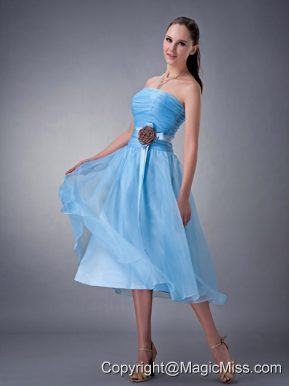 Baby Blue A-line / Princess Strapless Tea-length Chiffon Sash Bridesmaid Dress