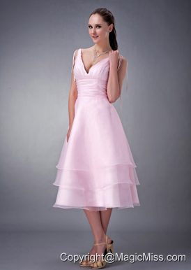 Baby Pink A-line / Princess V-neck Tea-length Organza Ruch Bridesmaid Dress