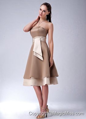 Chocolate Empire Strapless Tea-length Satin Beading Bridesmaid Dress