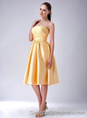 Gold Empire Strapless Tea-length Satin Bow Bridesmaid Dress