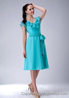 Turquiose Empire V-neck Tea-length Chiffon Sash Bridesmaid Dress