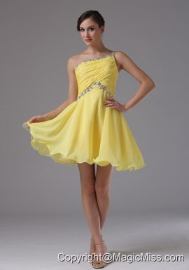Custom Made One Shoulder and Yellow For Prom Dress With Ruched and Beading In Bear Valley California