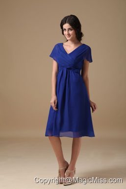 Blue Empire V-neck Knee-length Chiffon Ruch Prom Dress