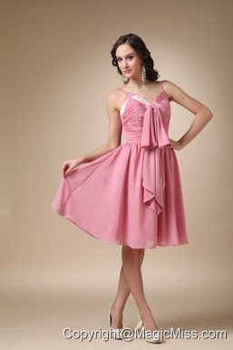 Rose Pink A-line Spaghetti Straps Knee-length Chiffon Ruch Prom / Homecoming