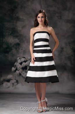 Black and White A-line Strapless Knee-length Satin Beading Bridesmaid Dress