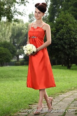 Orange A-line Straps Tea-length Taffeta Beading Prom Dress