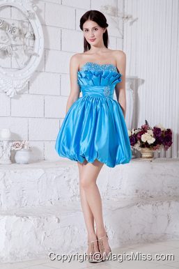 Aqua Blue A-line / Pricess Strapless Short Prom Dress Taffeta Beading Mini-length